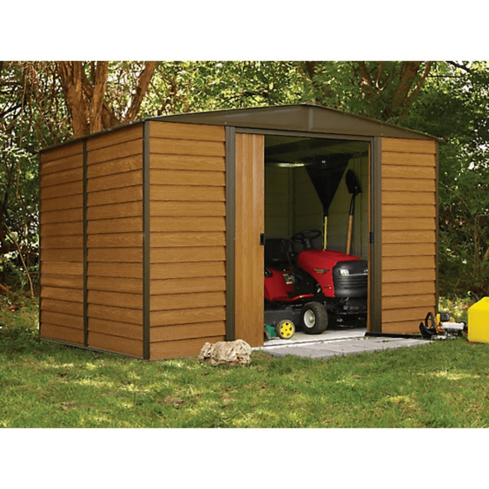 Arrow Woodridge 10' x 8' Galvanized Steel Storage Shed with Woodgrain Finish - Image 2