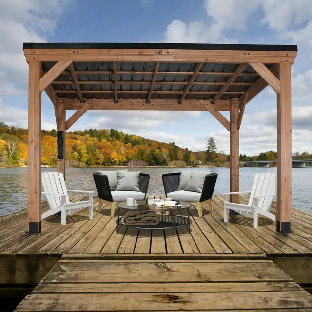 Backyard Discovery Arcadia 12' x 9.5' Cedar Wood Slope Roof Gazebo Patio Pavilion with Black Steel Roof and PowerPort - Image 3