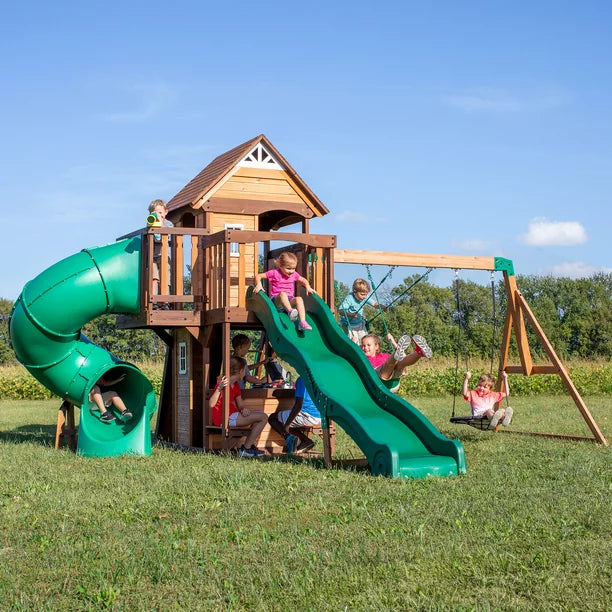 Backyard Discovery Cedar Cove Cedar Wood Playset Swing Set with Spiral Tube Slide Wave Slide and Lower Playhouse - Image 4