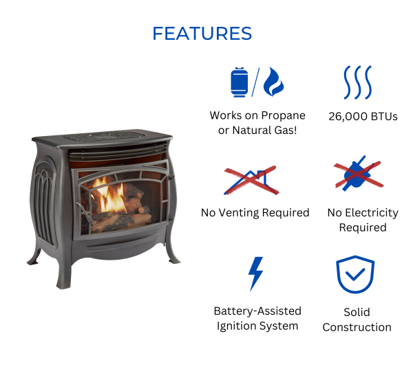 Duluth Forge FDSR25 26,000 BTU Matte Black Dual Fuel Ventless Gas Stove - Image 4