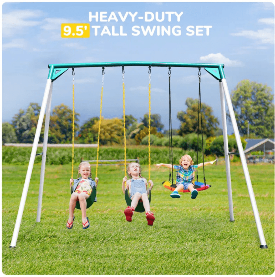 Designasofa 9.5 Ft. Heavy-Duty Metal Outdoor Swing Set with Saucer Swing and 2 Swings - Image 2